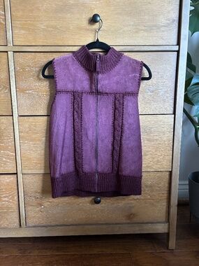 NWT Designers Studio Cable Knit Suede Leather Vest Full Zip Maroon Ribbed